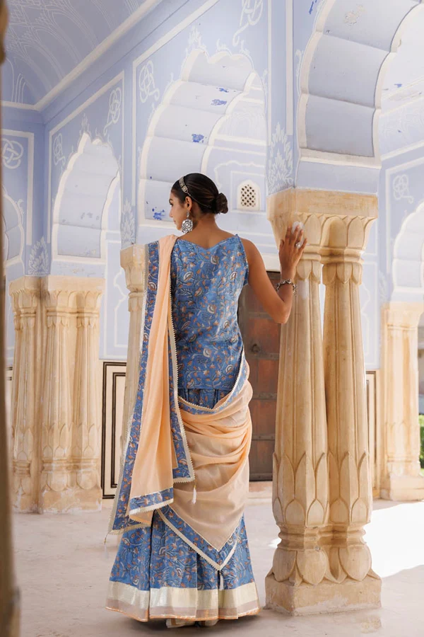 Handcrafted Light Blue-Peach Block Printed Cotton Skirt Set