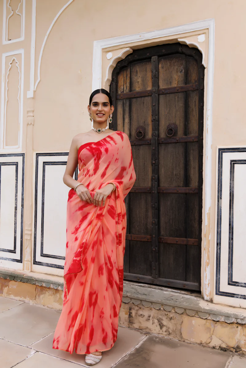 Peach-Red Hand Dyed Shibori Bandhani Chiffon Saree
