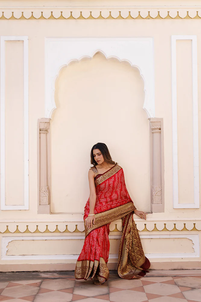 Red Gajji Silk Bandhani Saree With Zari Border & Pallu