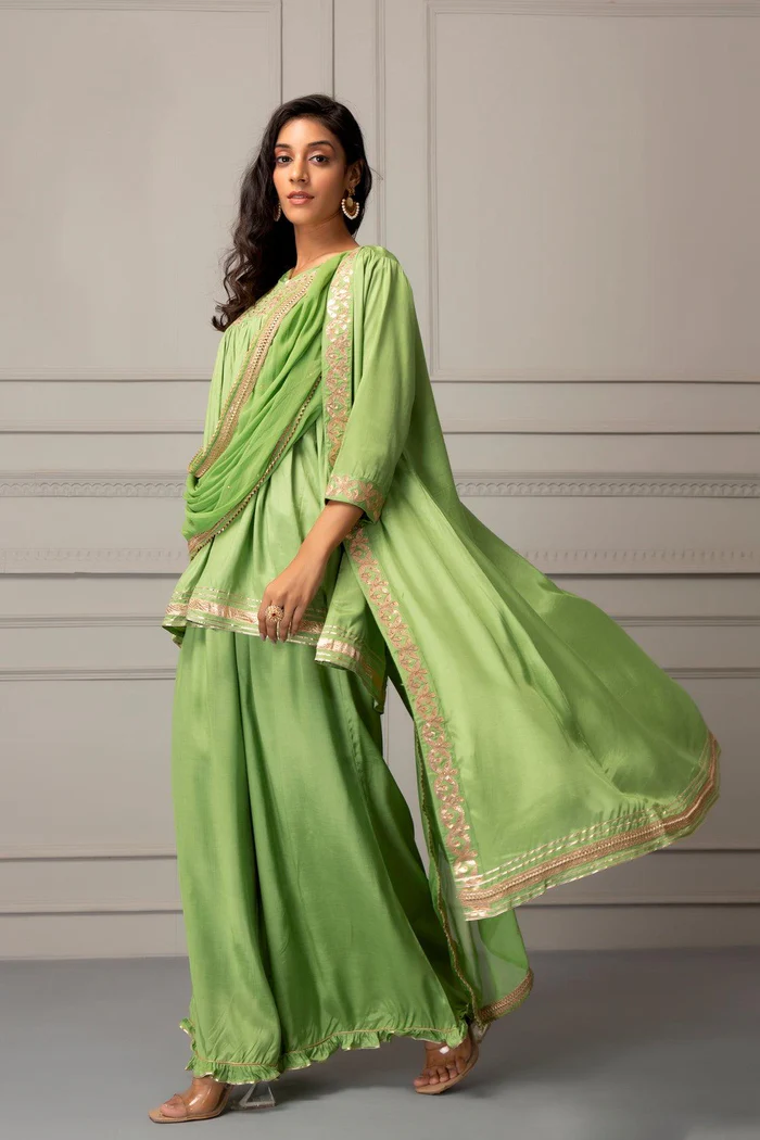 Green Shantoon Handcrafted Gota Patti Fusion Kurta Set