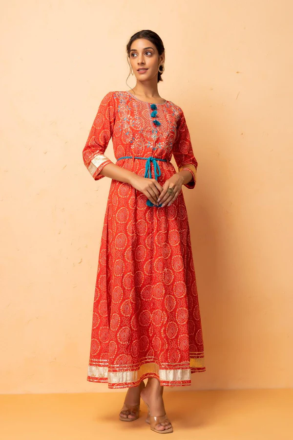 Red Handcrafted Gota Patti Bandhani Dress