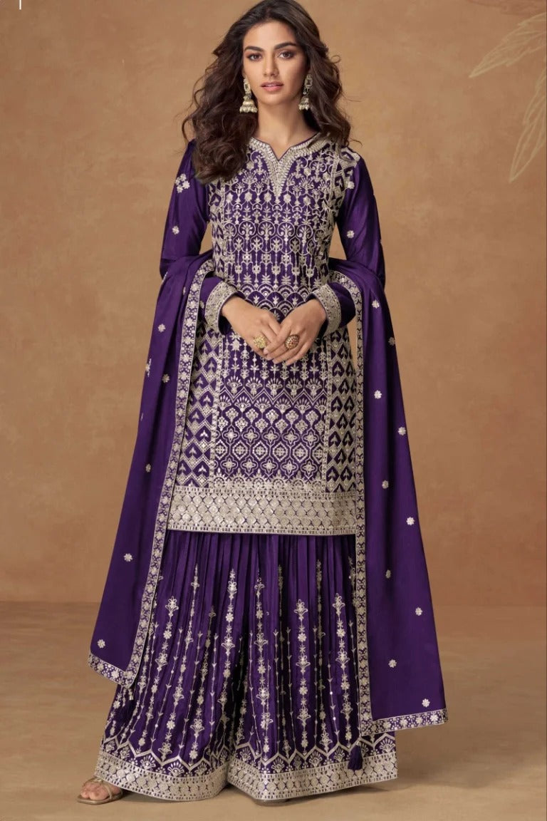 Purple Chinnon Silk Embroidered Straight Kurti Set with Palazzo and Dupatta