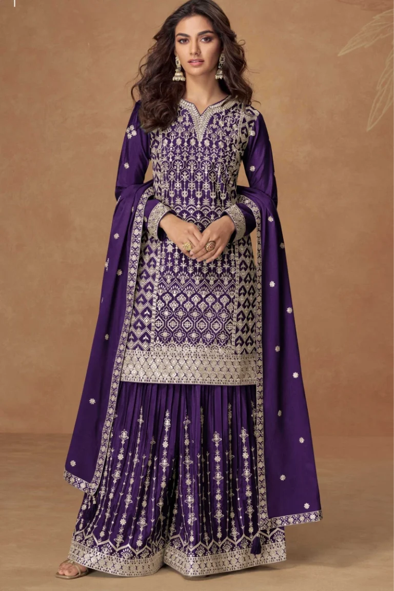 Purple Chinnon Silk Embroidered Straight Kurti Set with Palazzo and Dupatta