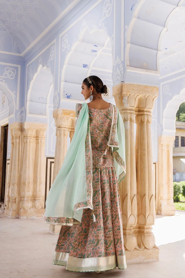 Handcrafted Peach-Green Block Printed Cotton Skirt Set