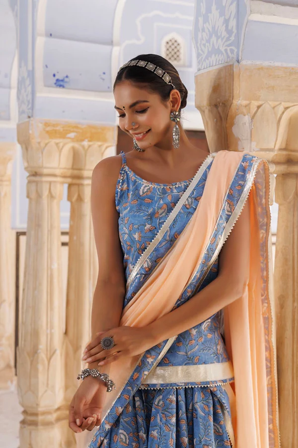 Handcrafted Light Blue-Peach Block Printed Cotton Skirt Set