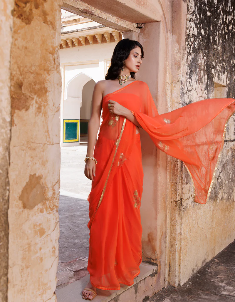 Orange Hand Embroidered Aari Work Chiffon Saree