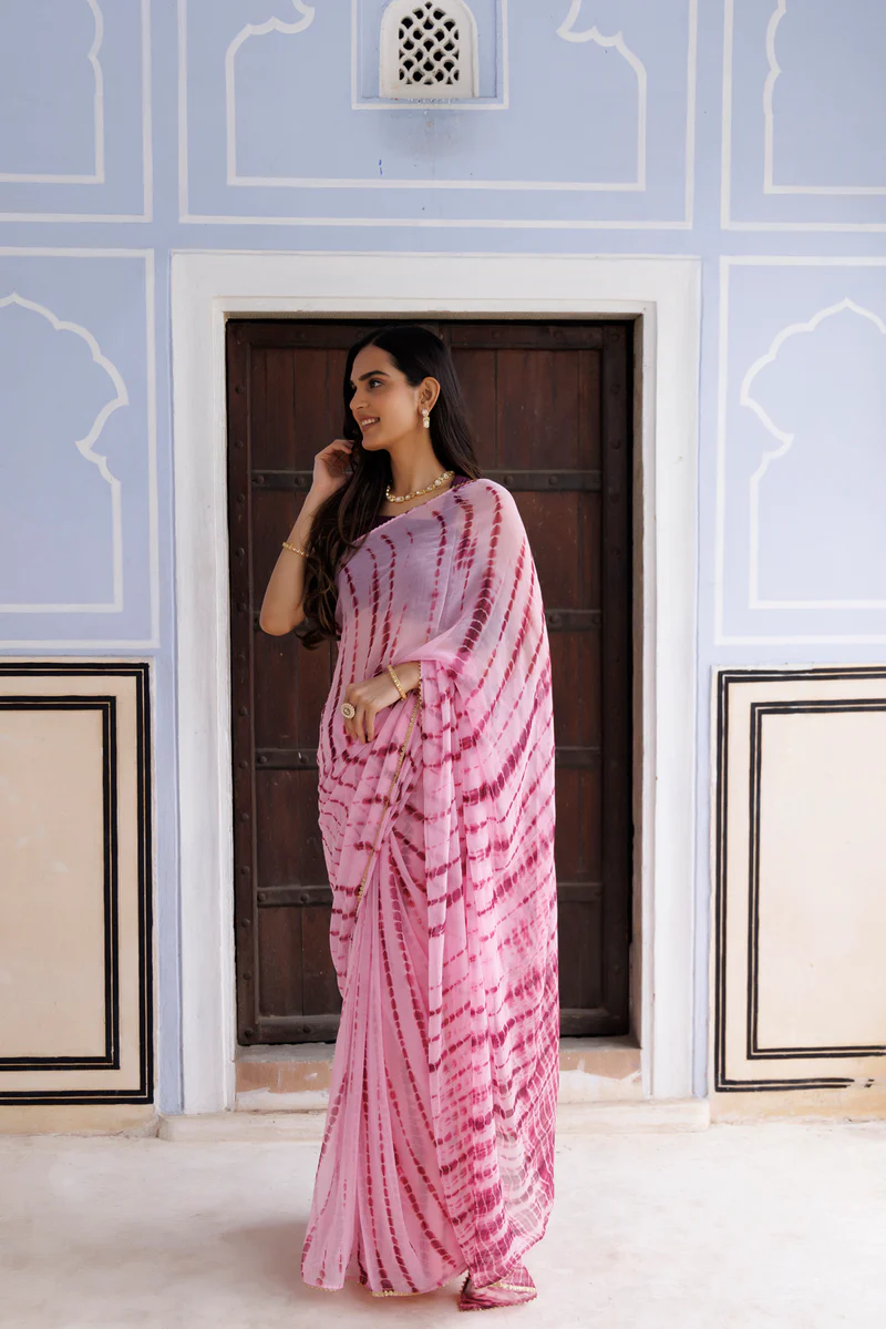 Pink Hand Dyed Shibori Bandhani Chiffon Saree