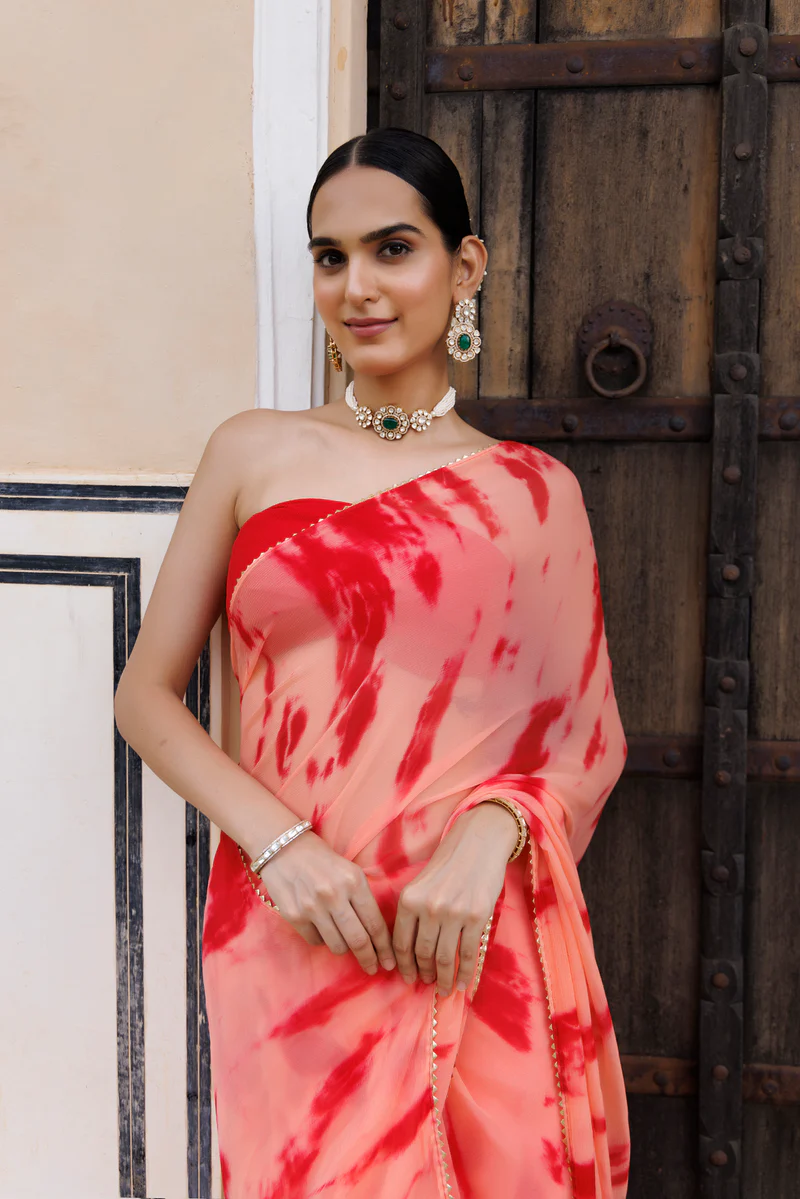 Peach-Red Hand Dyed Shibori Bandhani Chiffon Saree