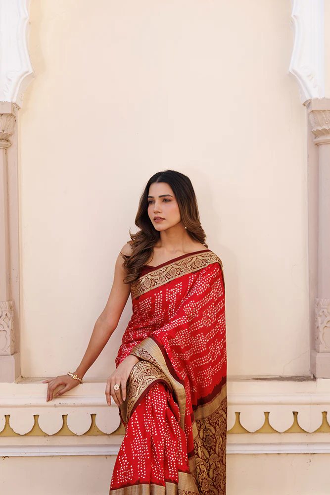 Red Gajji Silk Bandhani Saree With Zari Border & Pallu