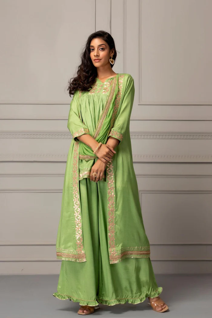 Green Shantoon Handcrafted Gota Patti Fusion Kurta Set