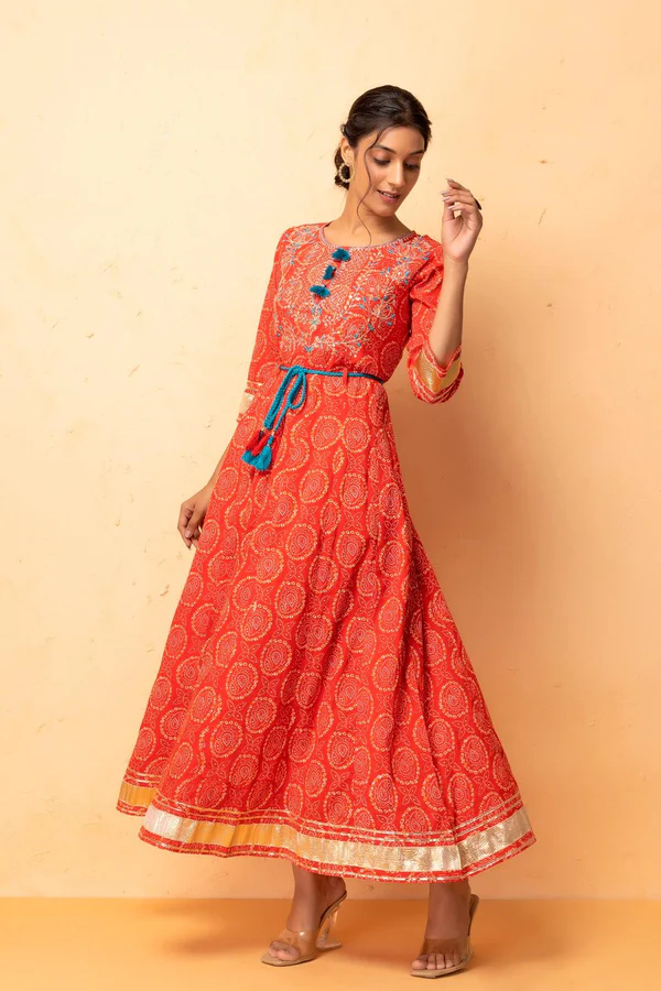 Red Handcrafted Gota Patti Bandhani Dress