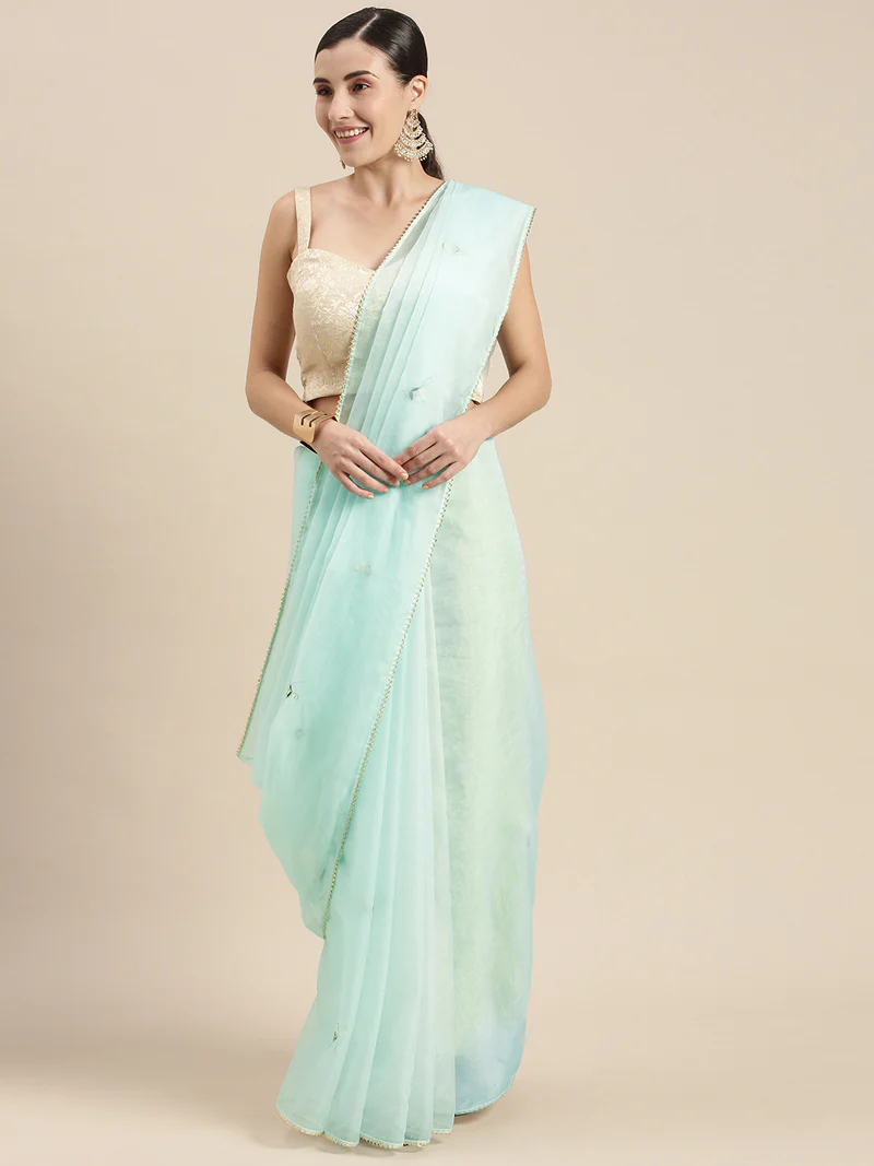 Grey Hand Embroidered Organza Saree