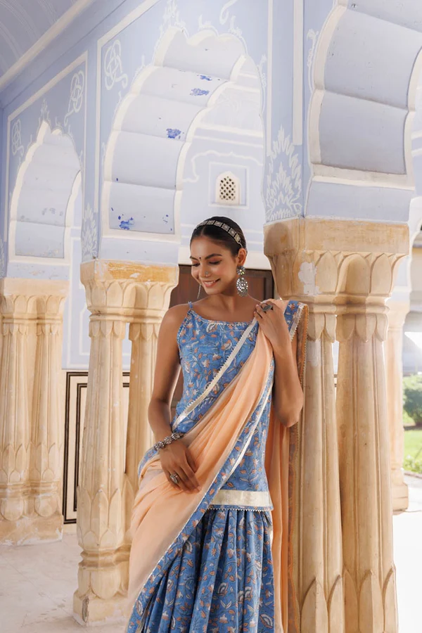 Handcrafted Light Blue-Peach Block Printed Cotton Skirt Set