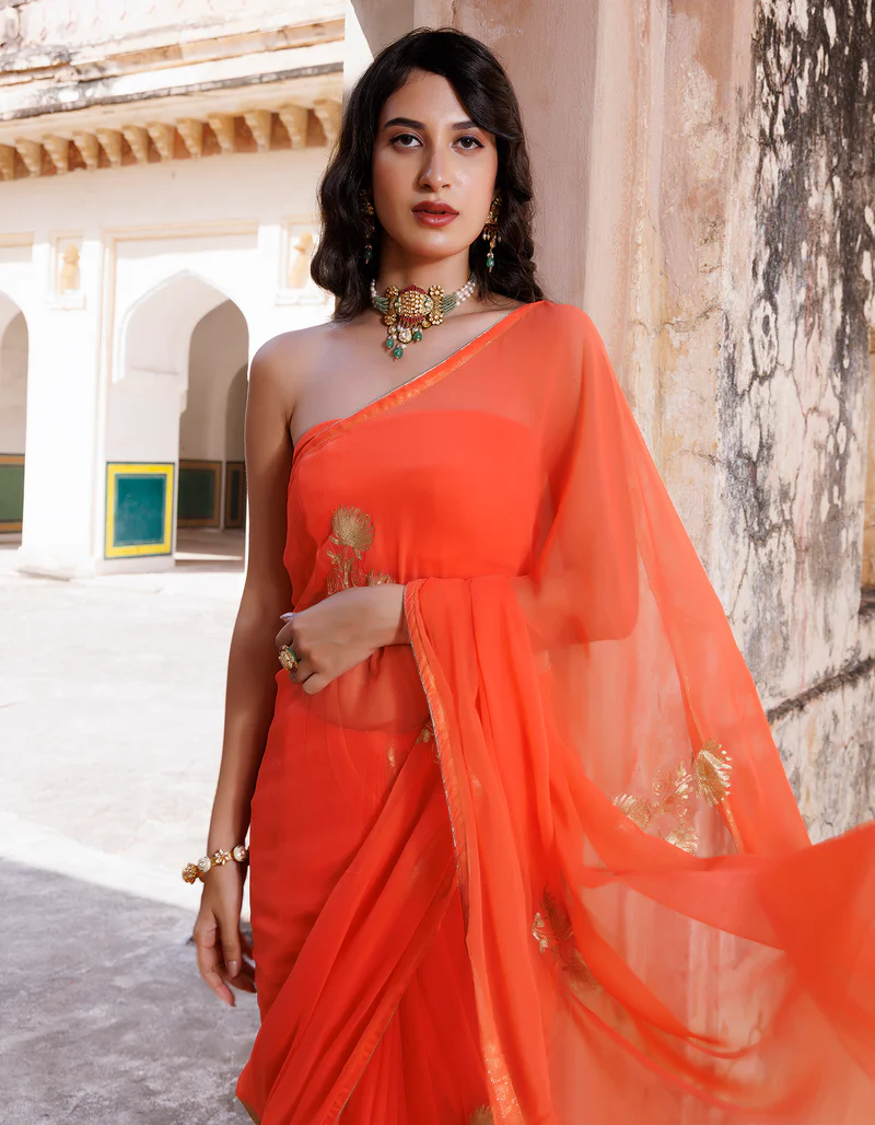 Orange Hand Embroidered Aari Work Chiffon Saree