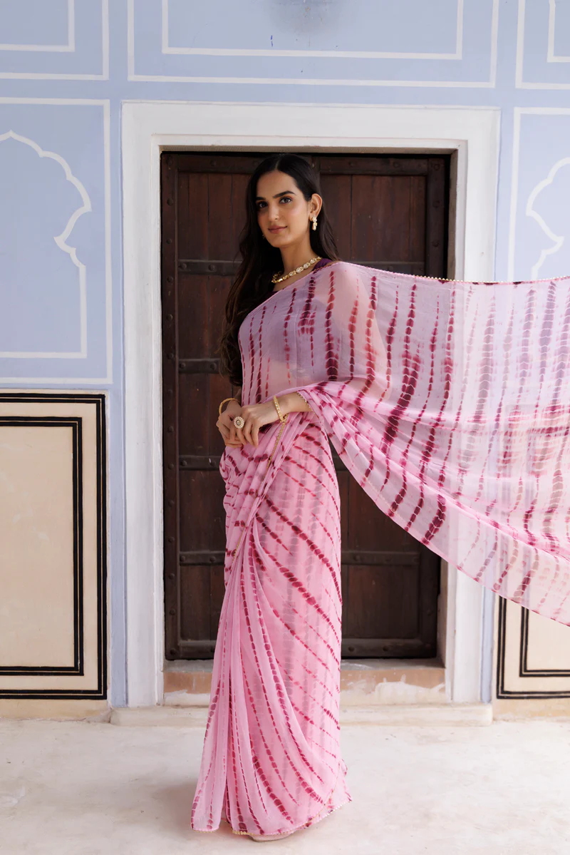 Pink Hand Dyed Shibori Bandhani Chiffon Saree