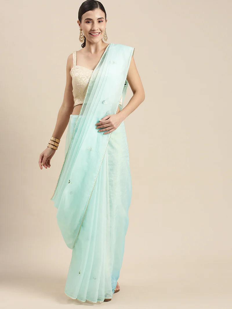 Grey Hand Embroidered Organza Saree