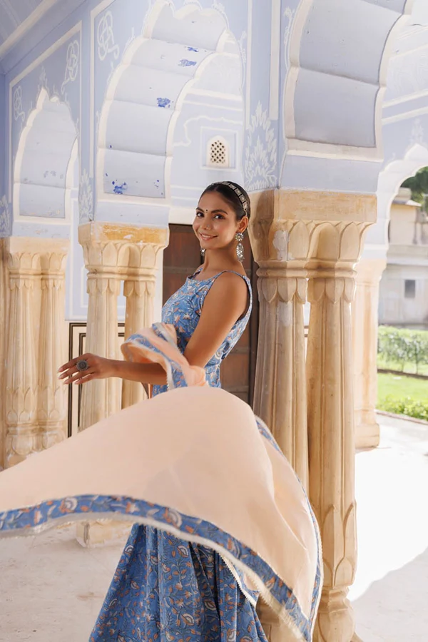 Handcrafted Light Blue-Peach Block Printed Cotton Skirt Set