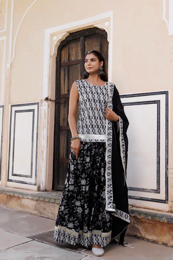 Handcrafted Black-White Block Printed Cotton Skirt Set