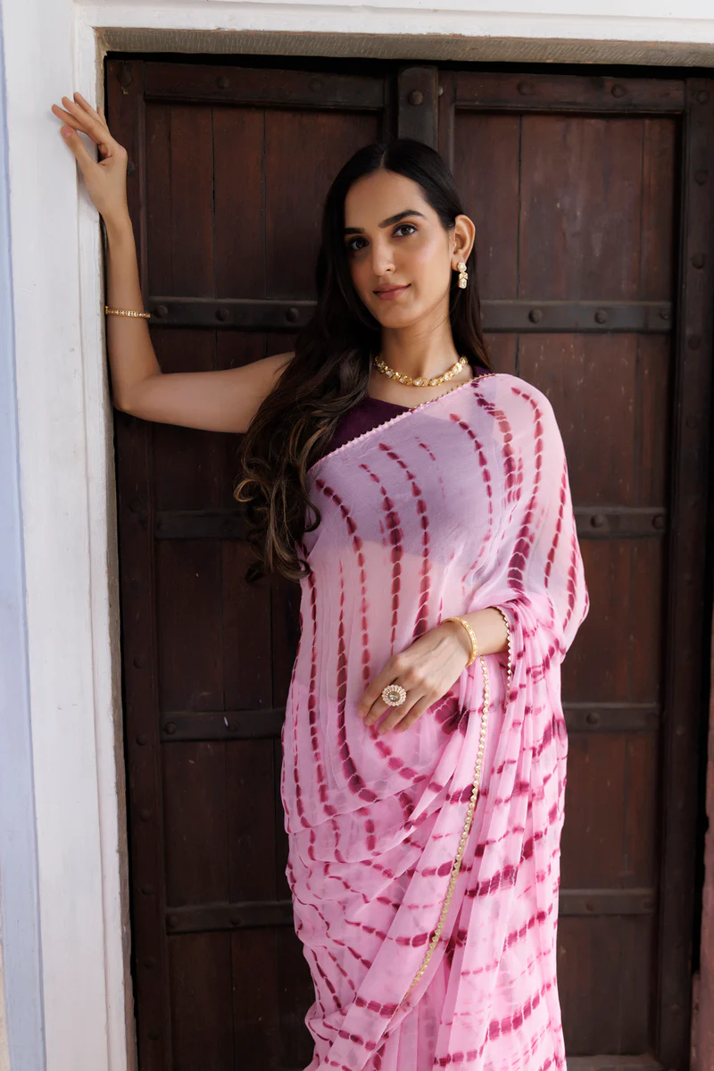 Pink Hand Dyed Shibori Bandhani Chiffon Saree