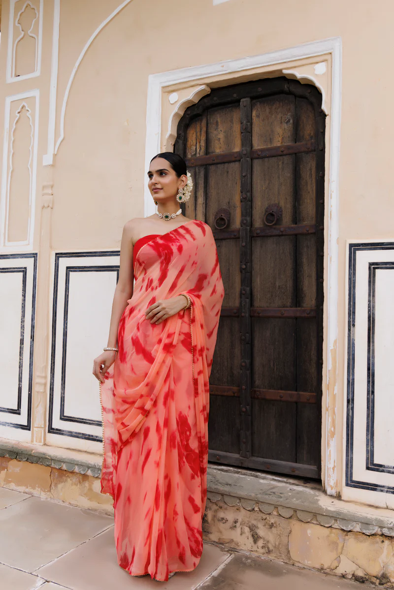 Peach-Red Hand Dyed Shibori Bandhani Chiffon Saree