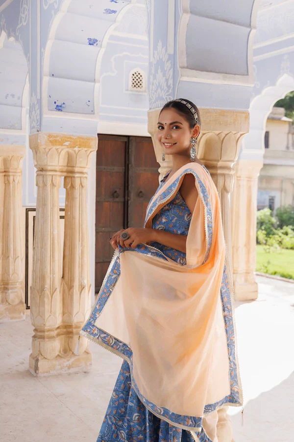 Handcrafted Light Blue-Peach Block Printed Cotton Skirt Set