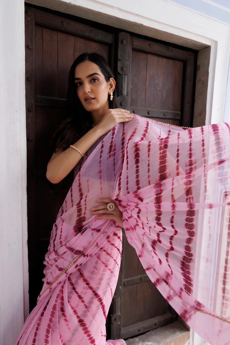Pink Hand Dyed Shibori Bandhani Chiffon Saree
