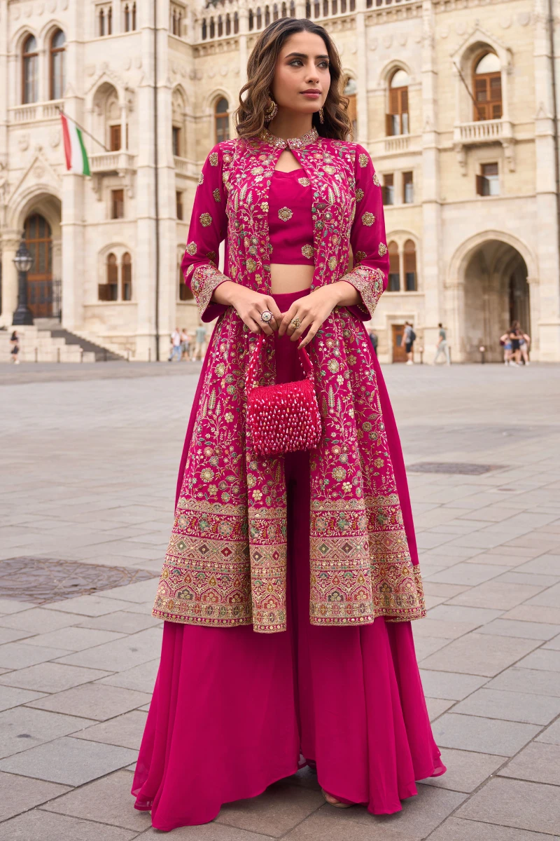 Rani Pink Georgette Embroidered Blouse with Palazzo and Jacket