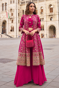 Rani Pink Georgette Embroidered Blouse with Palazzo and Jacket