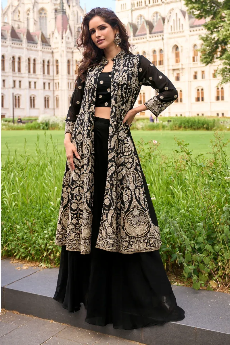 Black Georgette Embroidered Blouse with Palazzo and Jacket
