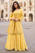 Yellow Georgette Embroidered Blouse with Palazzo and Jacket