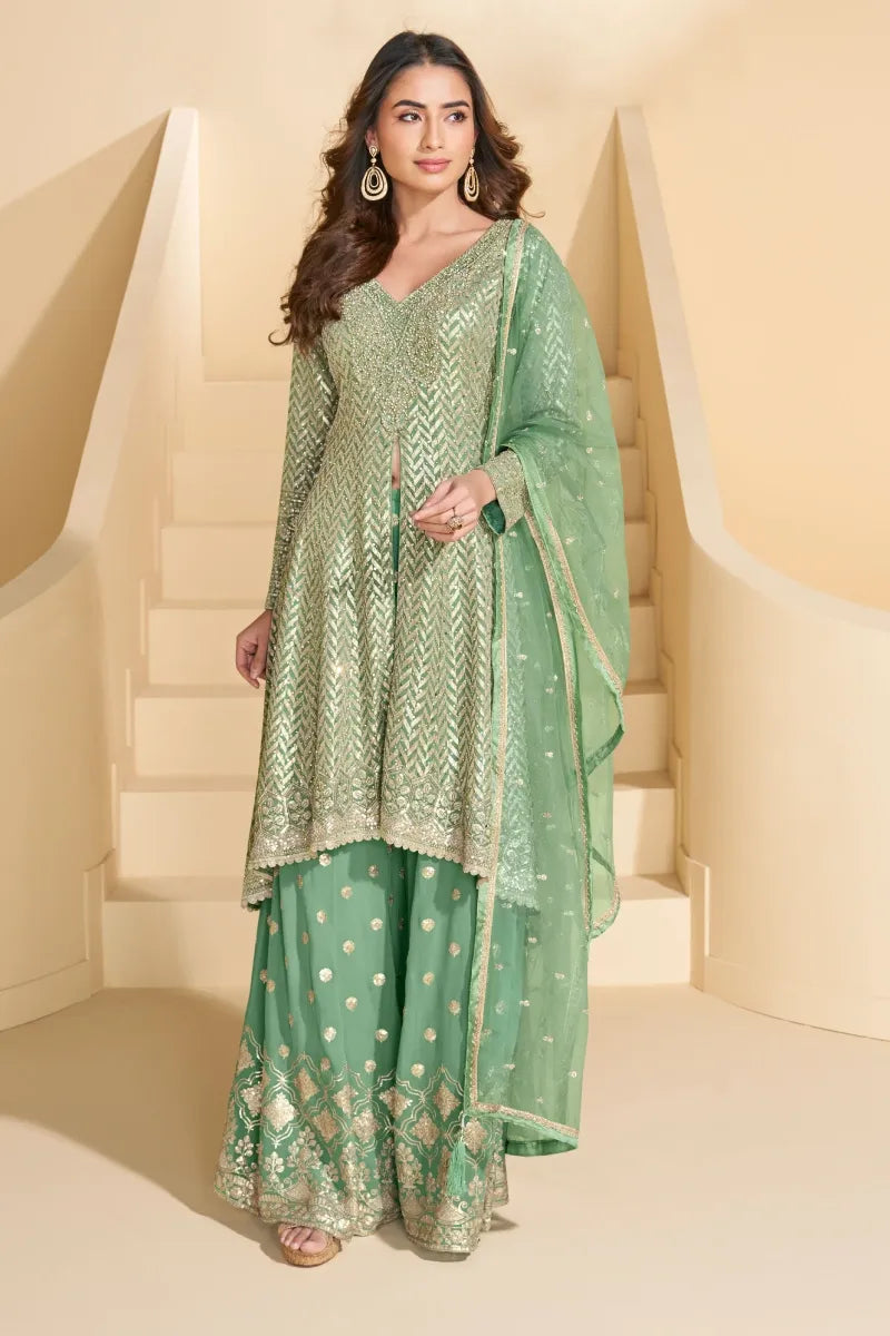Sea Green Georgette Anarkali Palazzo Suit
