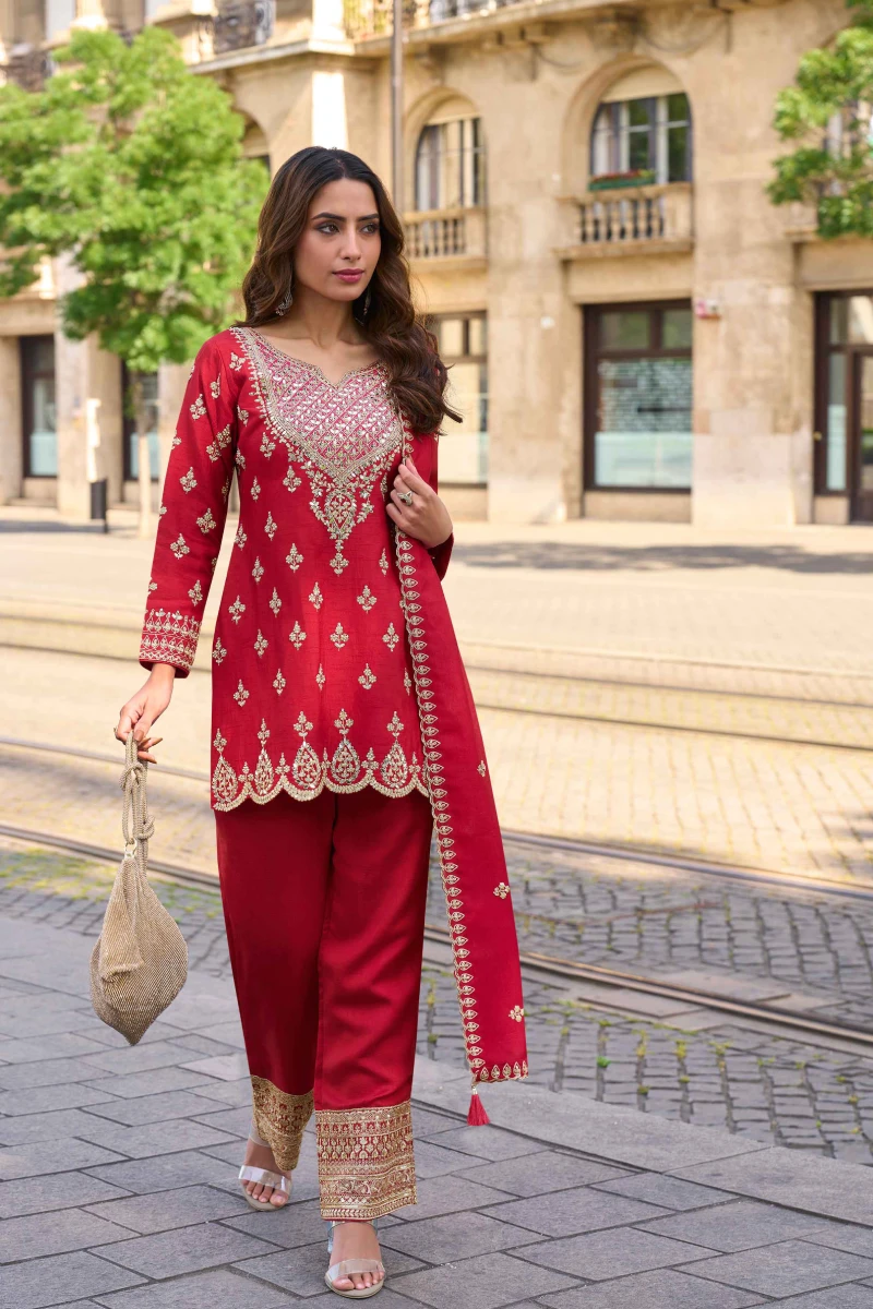 Red Simar Silk Straight Suit with Pant & Organza Dupatta