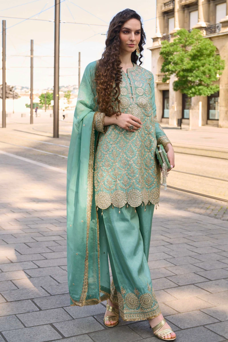Sea Green Simar Silk Straight Palazzo Suit with Organza Dupatta