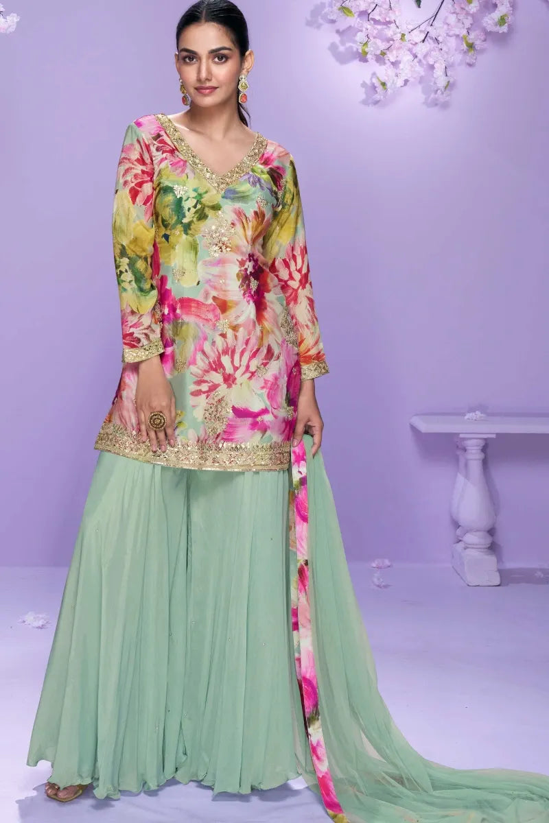 Multi & Sea Green Chinnon Mirror Work Palazzo Suit