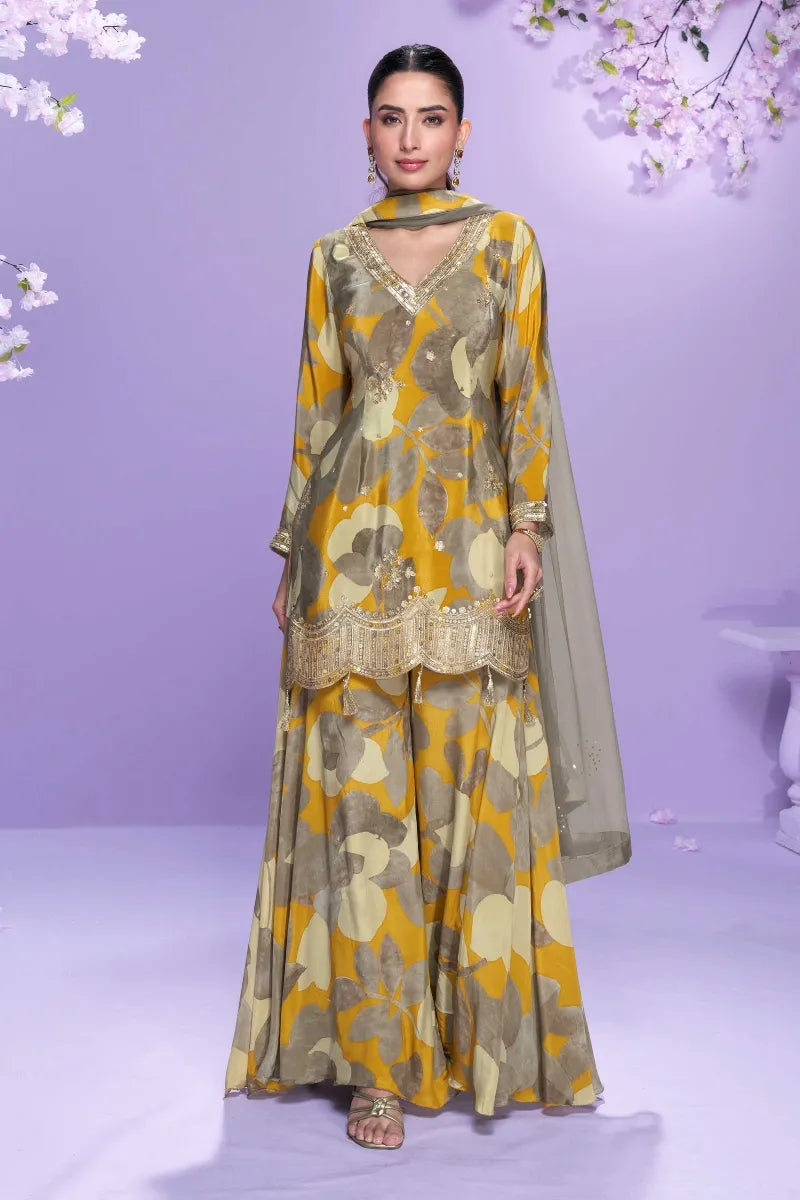 Beige Chinnon Mirror Work Palazzo Suit