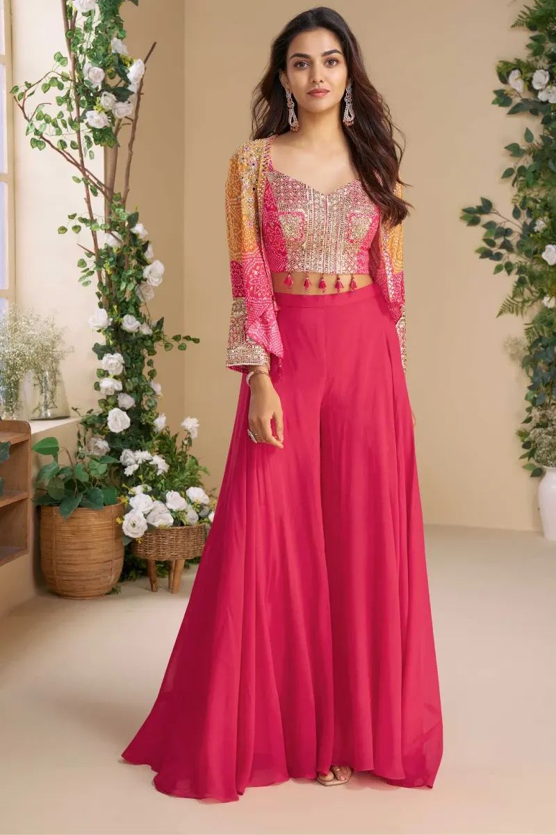 Pink Chinnon Silk Blouse with Orange & Pink Jacket and Georgette Palazzo