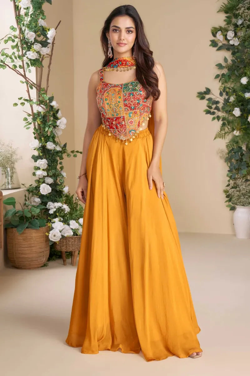 Multicolor Chinnon Silk Blouse with Orange Dupatta and Georgette Palazzo