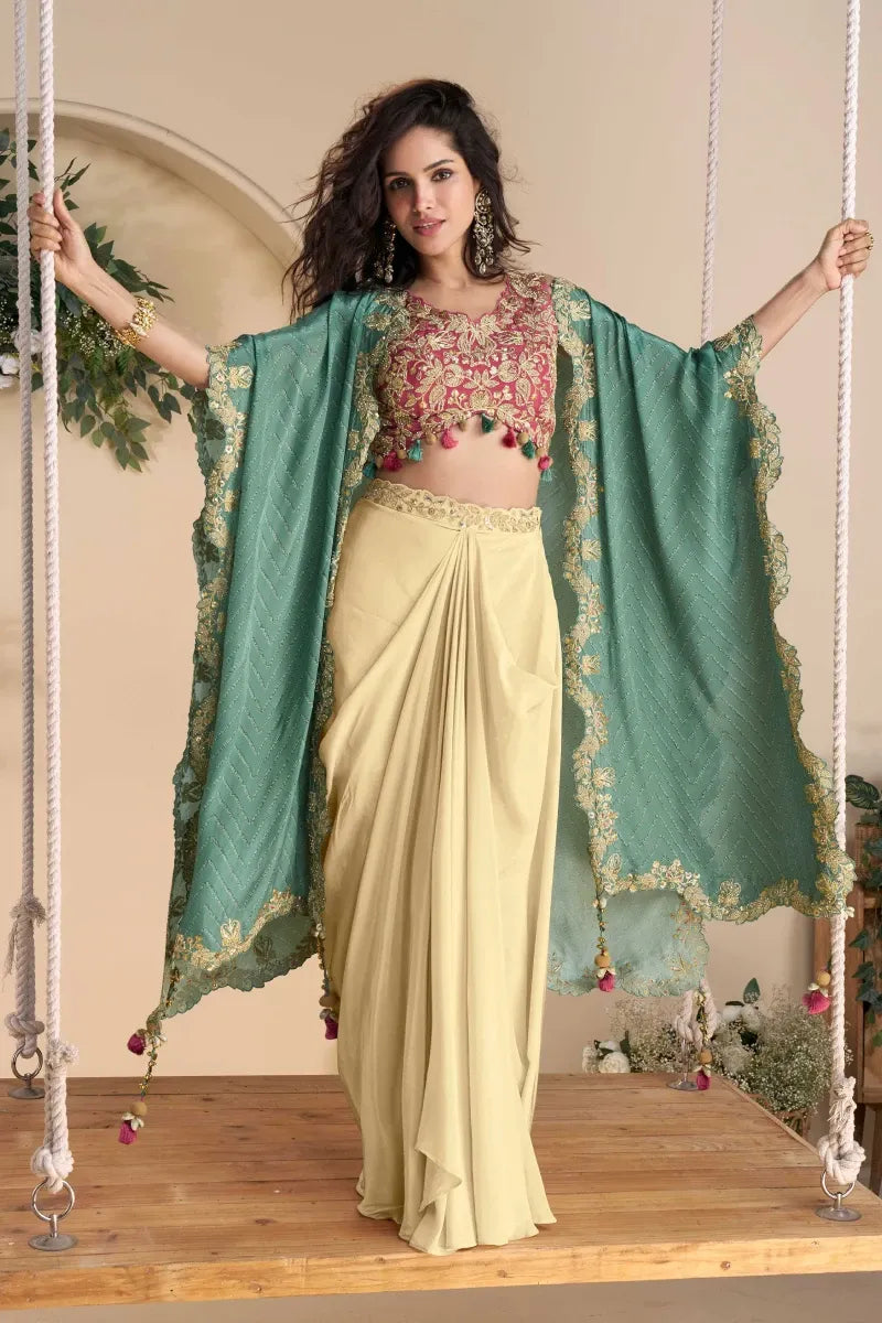 Rani Pink Chinnon Silk Blouse with Cream Dhoti & Sea Green Embroidered Jacket