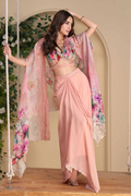 Pink Chinnon Silk Dhoti Blouse Set with Printed & Embroidered Jacket
