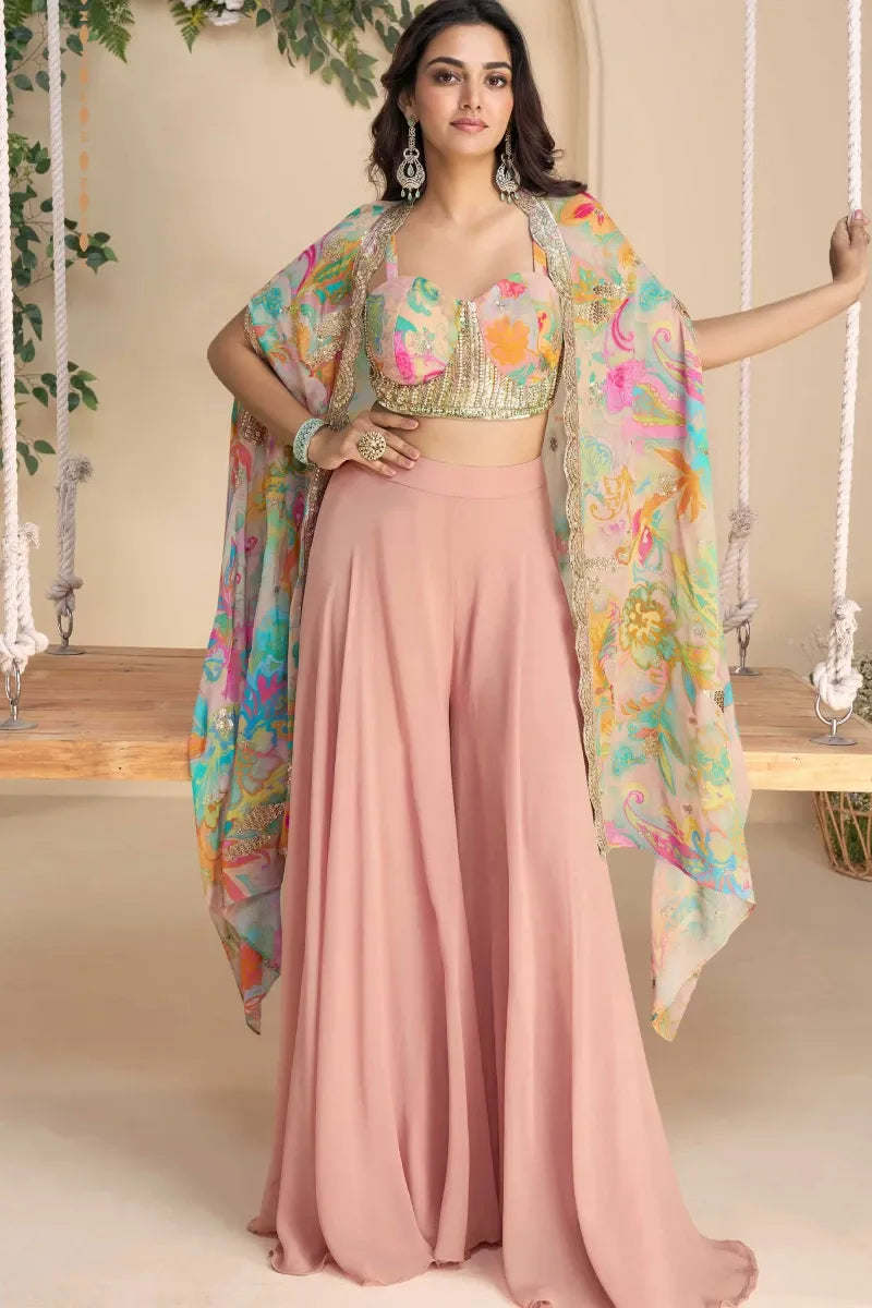 Multicolor Printed & Embroidered Jacket with Pink Palazzo and Chinnon Silk Blouse