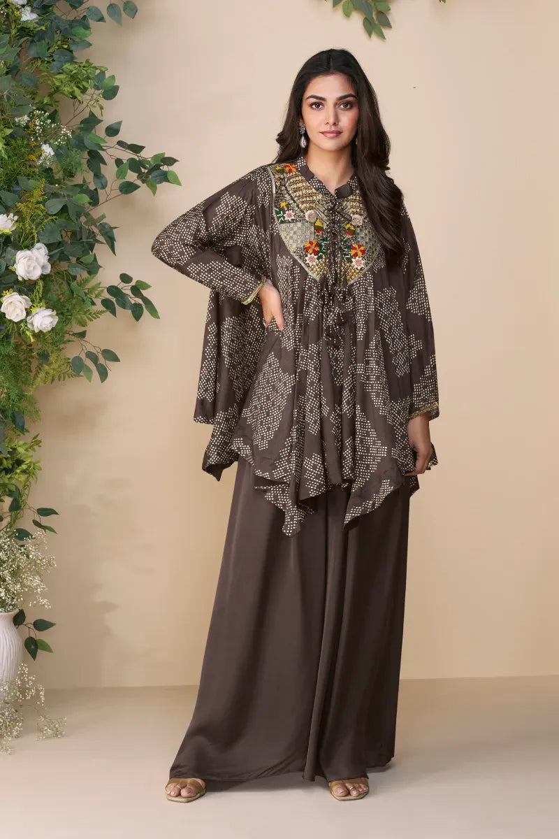 Brown Poncho Style Chinon Silk Palazzo Suit with Embroidery