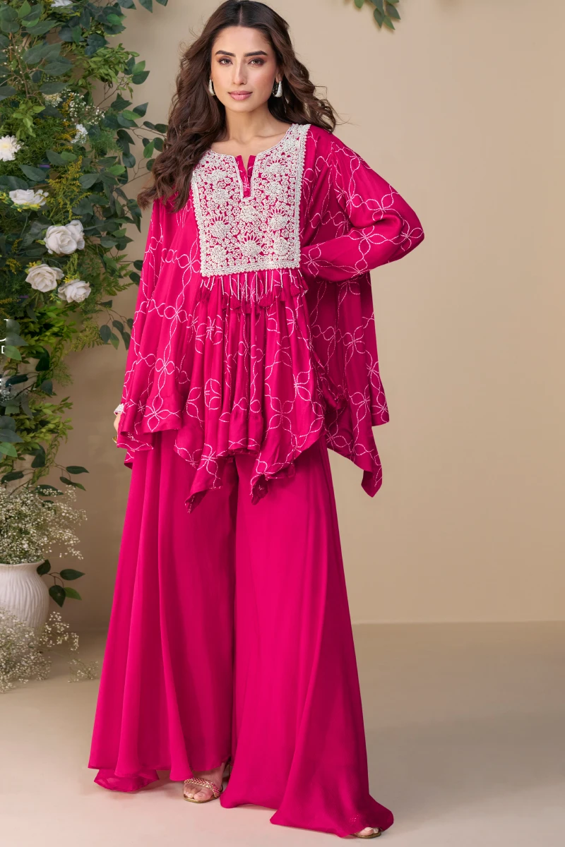 Rani Pink Poncho Style Chinon Silk Palazzo Suit with Embroidery