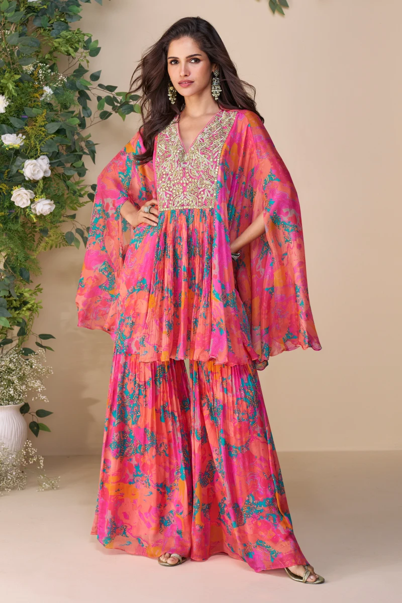 Pink Kaftan Style Chinon Silk Sharara Set with Embroidery