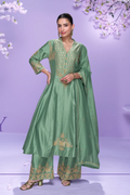 Sea Green Roman Silk Embroidered Long Kurta with Palazzo and Organza Dupatta