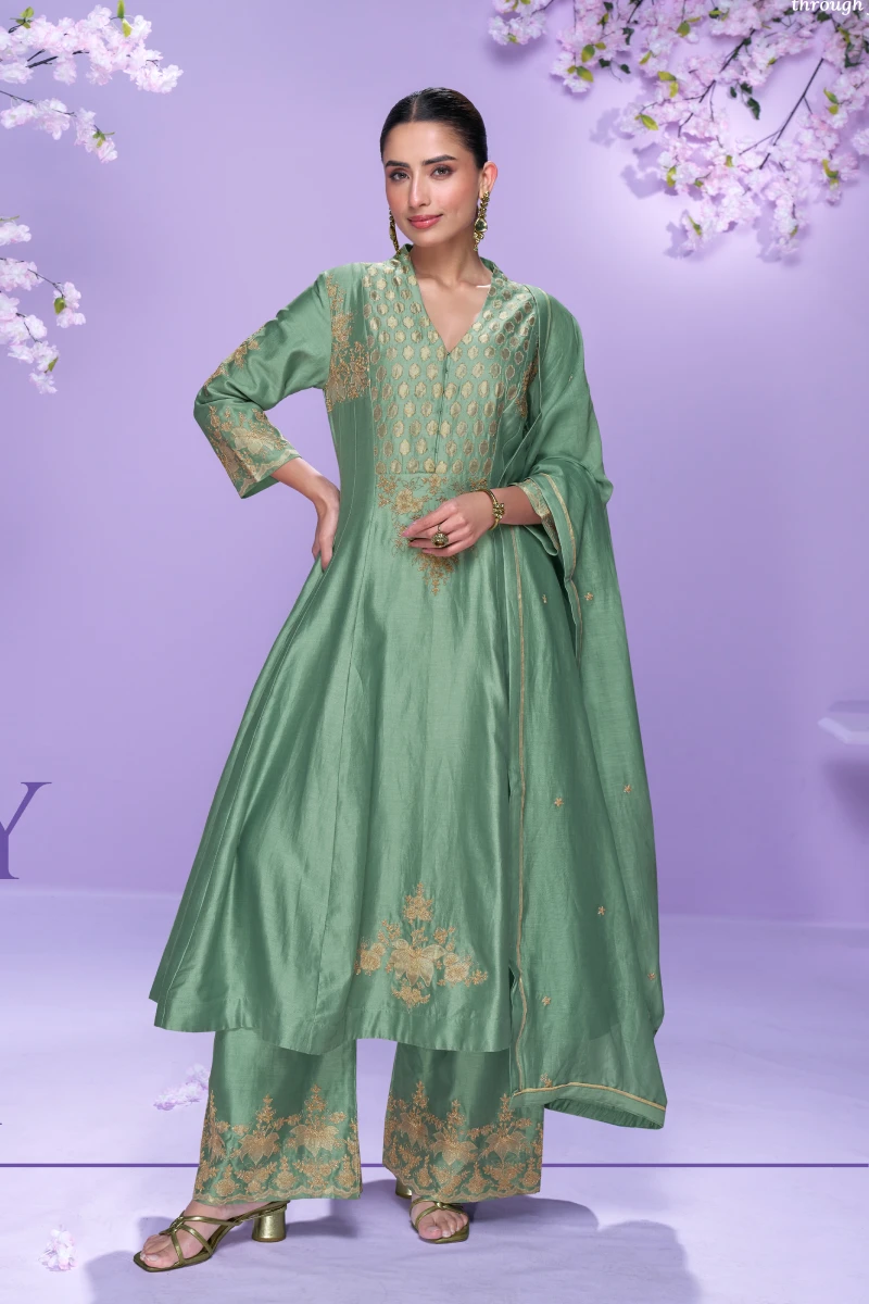 Sea Green Roman Silk Embroidered Long Kurta with Palazzo and Organza Dupatta