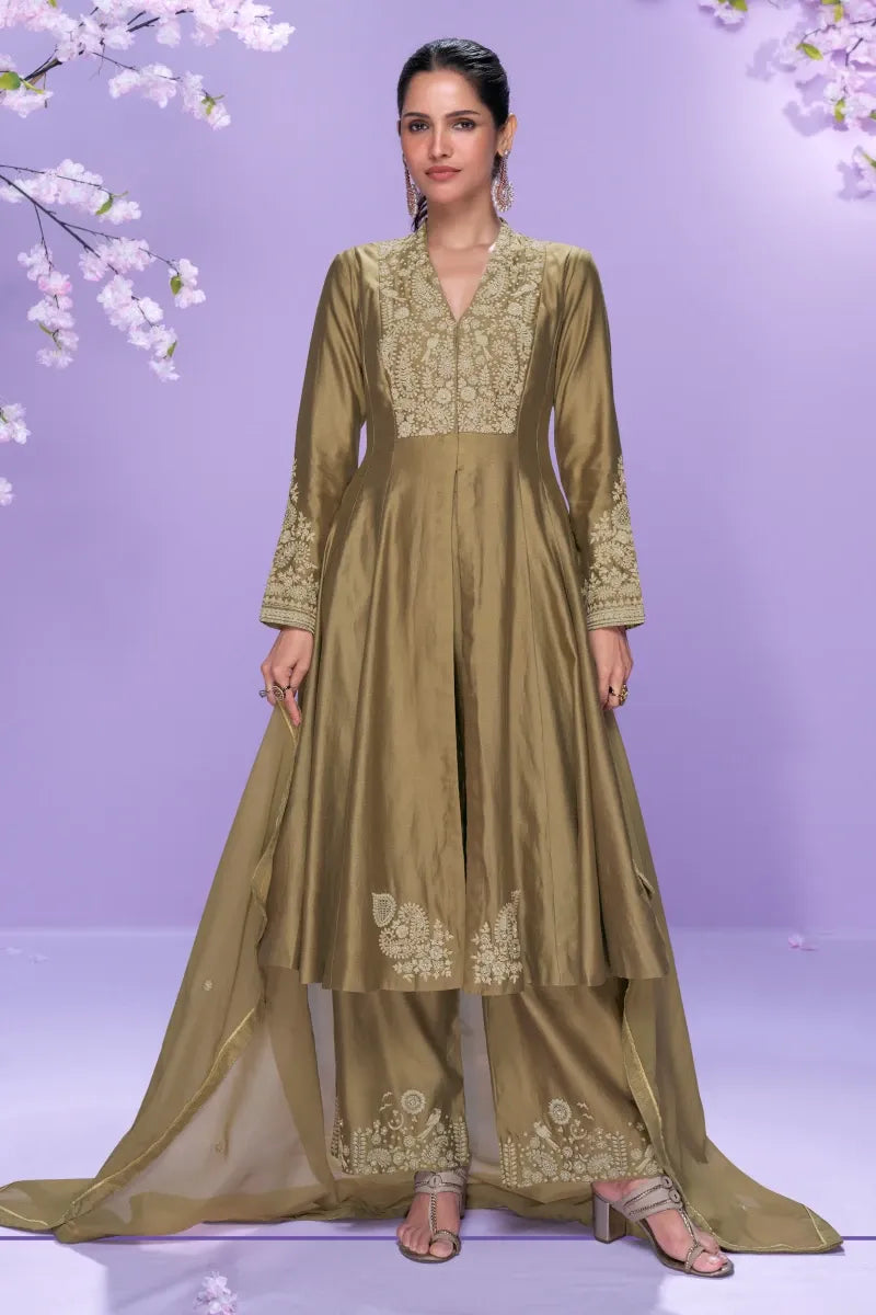 Mehendi Green Roman Silk Embroidered Long Kurta with Palazzo and Organza Dupatta