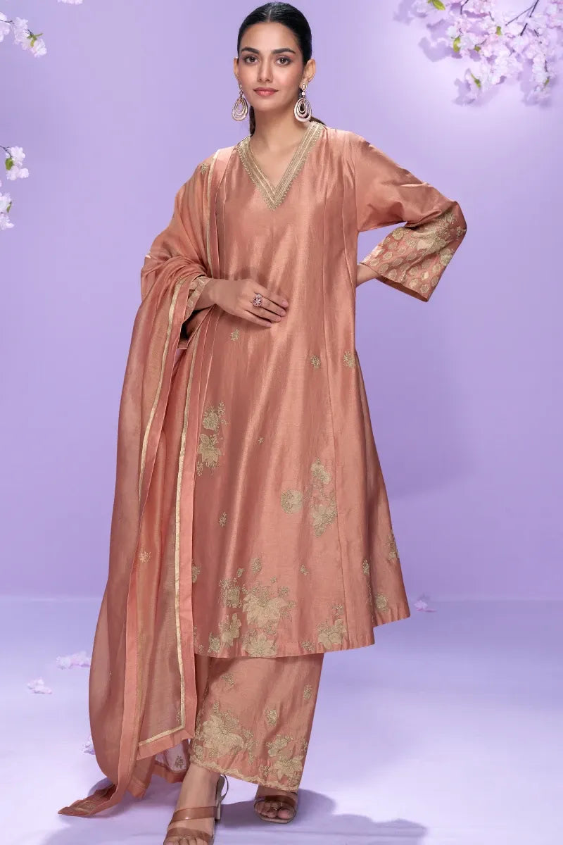 Peach Roman Silk Embroidered Long Kurta with Palazzo and Organza Dupatta