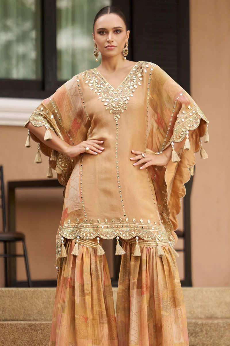 Light Brown Chinnon Silk Kaftan Gharara Set with Embroidery