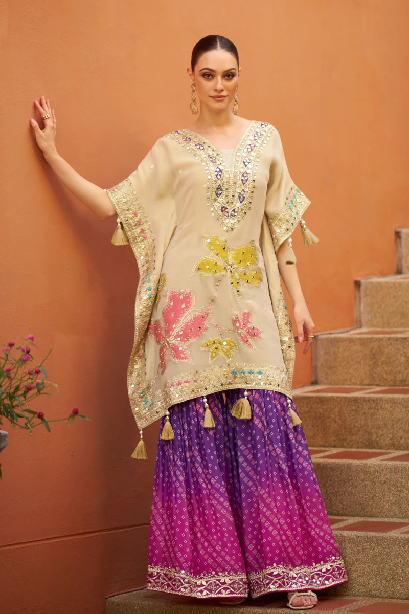 Cream & Blue Chinnon Silk Kaftan Gharara Set with Embroidery