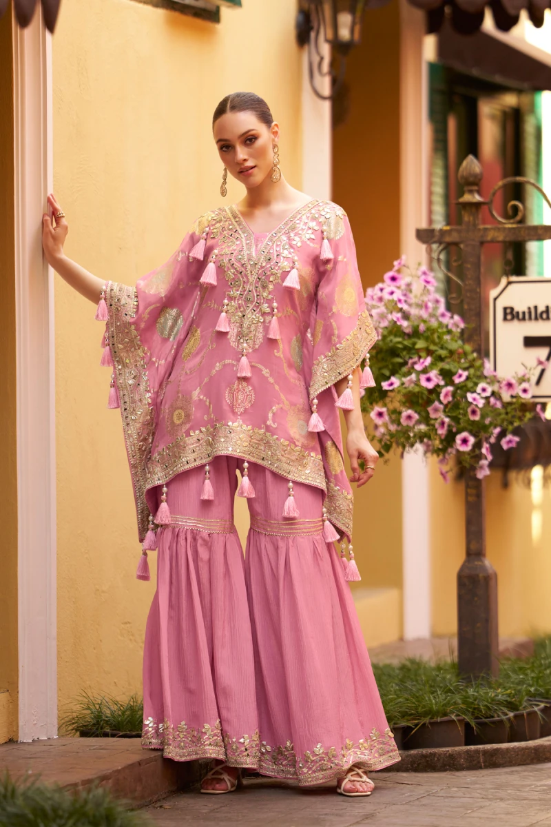 Pink Chinnon Silk Kaftan Gharara Set with Embellished Detailing